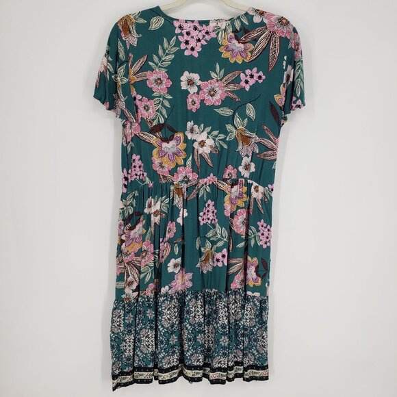 3/$25 Maurices Floral V Neck Dress M Flounce Hem Faux Wrap A Line Teal - Picture 2 of 9
